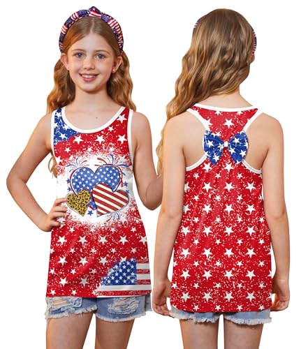 Image of 4th of July Girls Flag Tank Top Back Bow Sleeveless Patriotic Holidays T-Shirt 4-14 Years