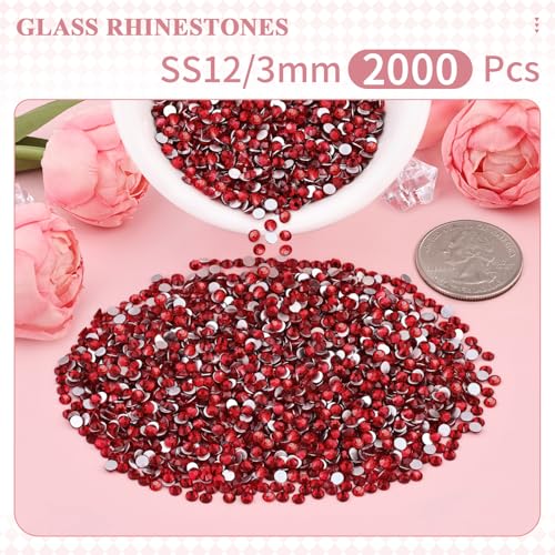 Image of 2000PCS SS12 /3mm Crystal Glass Rhinestones for Bedazzling (Dark Siam) | Flatback Rhinestones for Crafting DIY Nail Art Makeup Decoration, Gems Diomand Charms for Tumbler Shoes Clothing Mug