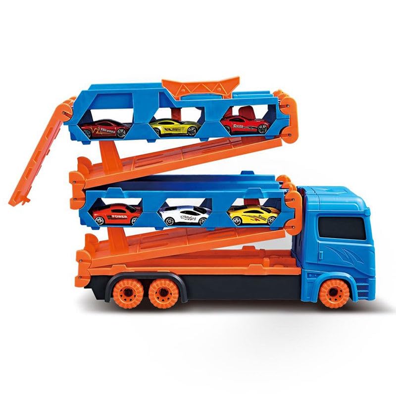 Image of WireScorts Big Hauler Transport Truck Toy with Foldable Ejection Race Track, 2 Die-Cast Cars Included, for Kids Boys 3+ Years, Blue