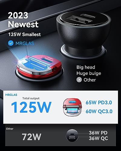 Image of MRGLAS【Upgraded】 125W USB C Car Charger Super Fast Charging for iPhone 17 | [PD65W & QC60W][All Metal] Cigarette Lighter Car Charger,Dual Port for iPhone 16 15 Pro iPad Samsung S25 S24 MacBook-Red