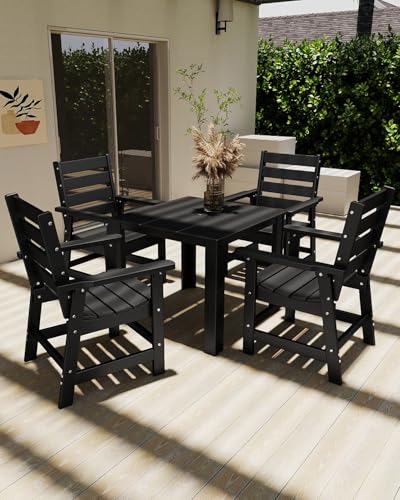 Image of GREENVINES 5-piece Patio Dining Set, HDPE Square Table & 4 Chairs, Black
