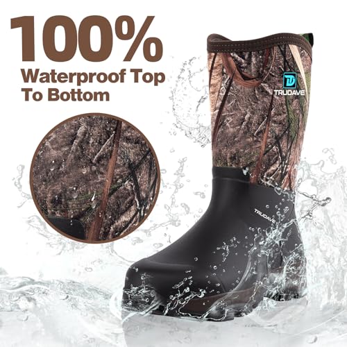 Image of Trudave Rubber Boots for Men with Steel Shank, Waterproof Mid Calf Mens Rain Boots, 5.5mm Neoprene Insulated Mud Work Boots for Garde