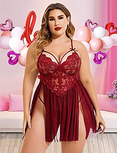 Image of Beautiful Creations Womens Plus Size Lace Floral Knee Length Babydoll Nightwear Set with G-String Panty