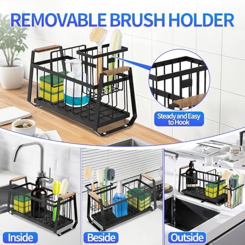 Black Sponge Holder with Wooden Handle & Self-Draining Tray, Kitchen Sponge Holder, Kitchen Sink Caddy Organizer, Kitchen Sink Sponge Rack, Sink Countertop Organizer for Sponge, Soap Dispenser Storage - Image 4