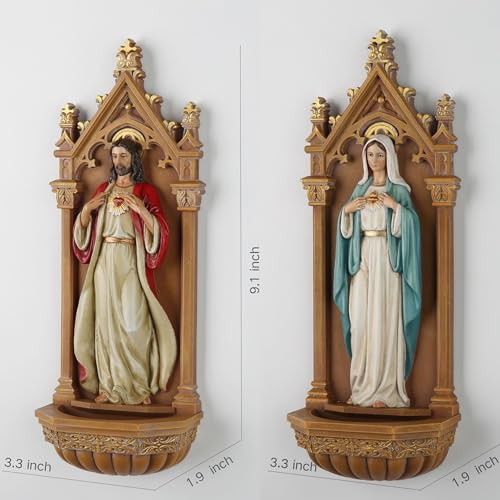Estatuas Católicas del Sagrado Corazón de Jesús y Corazón Inmaculado de María, 9 pulg, Set 2 piezas miniatura 3