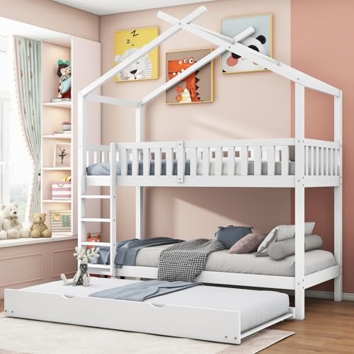 KOMHTOM 90x200cm Lit Superposé avec lit Extensible, Lit Cabane avec Clôture de Sécurité et Escaliers, Support à Lattes, Blanc(sans Matelas) (E)