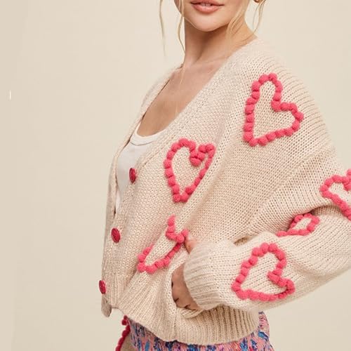 Image of Valentine's Day Cardigan Sweaters for Women Love Heart Print Button Down Cropped Cardigans Y2K Open Front Knit Sweater