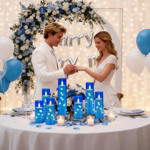 Image of Raycare Independence Day Flameless Candle with Remote Timer - 5 Flickering Acrylic Battery Operated LED Pillar Candles with Embedded Star String for 4th of July Home Patriotic Decor, as a Gift (Blue)