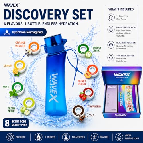 Image of WaveX Scented Water Bottle + 8 Aroma Scent Pods (Cola, Strawberry, Honey Peach, Energy Drink, Green Apple, Mint, Lemon, Orange Vanilla), Flip Top Lid, Straw & Carry Strap Included (Deep Tide Blue)