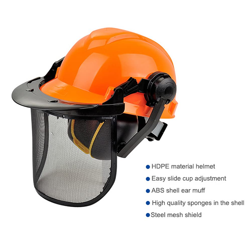 Casco di Sicurezza con Visiera e Paraorecchie, Elmetto Forestale in HDPE con Visiera in Rete d'Acciaio Arancione