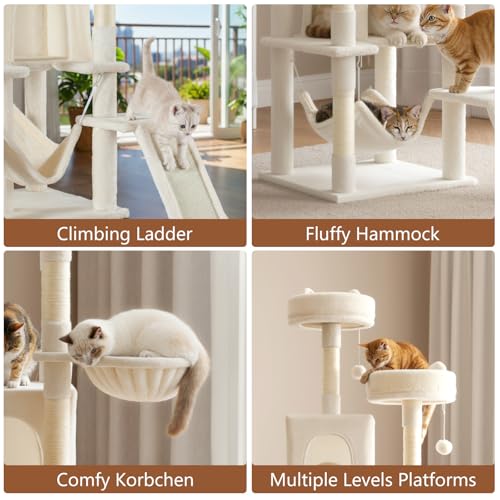 Image of Sweetcrispy Cat Tree 75 Inch, Large Multi-Level Tall Cat Tree Tower with Condo, Perches, Sisal Scratching Posts Board and Hammock, Pet Play House with Dangling Balls for Indoor Cats, Beige