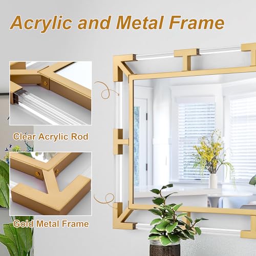 Image of Chende Gold Wall Mirror for Decor with Clear Acrylic and Metal Frame | 26 inch x 38 inch Large Bathroom Mirror, Horizontal /Vertical Wall Decor for Dining Room, Bedroom, Hallway, Fireplace