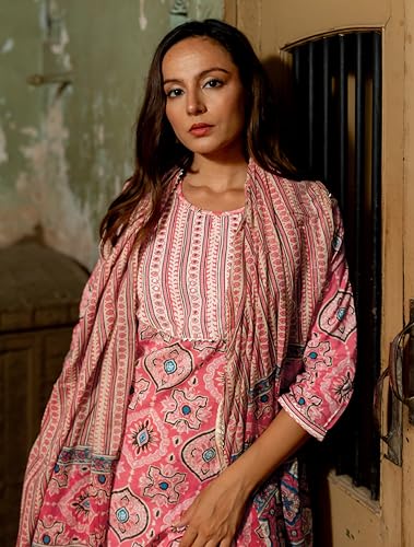 Image of MIRCHI FASHION Pure Cotton Women Straight Print & Thread Embroidery Kurti Set with Dupatta & Pant