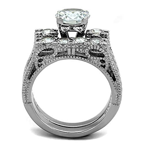 Marimor Jewelry Women's Stainless Steel 316 Round Cut Cubic Zirconia Vintage Wedding Ring Set3