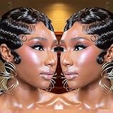 Short Human Hair Wigs for Black Women Curly Pixie Cut Wigs Finger Ocean Wave Wig Non Lace Full Machine Made Glueless Pixie Wig Brazilian Virgin Short Layered Glueless Bob Wig Human Hair
