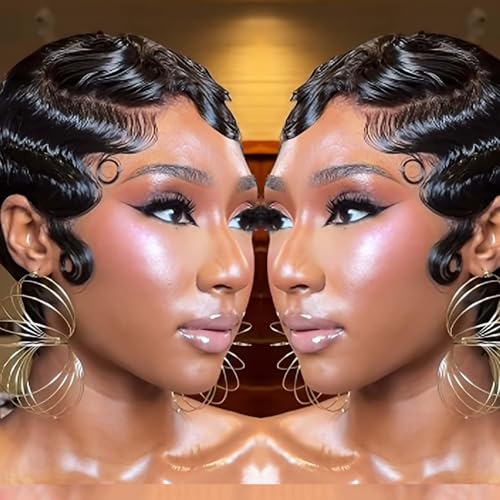 RUISENNA Short Human Hair Wigs for Black Women Ocean Finger Wave Pixie Cut Wig Human Hair Non Lace Full Machine Made Glueless Pixie Wig Brazilian Virgin Short Layered No Glue Wig for Daily Use