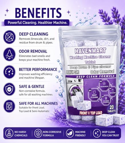 Image of Washing Machine Cleaner Tablets 20 Pcs | Deep Drum & Tub Cleaning | Removes Dirt, Residue, Limescale & Bad Odour | Washing Machine Cleaning Tablets for Front & Top Load Machines (20 pce)