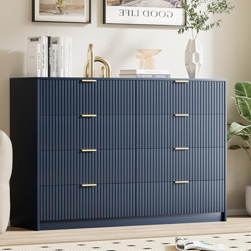 Image of Furniway Navy Blue Dresser for Bedroom, Modern Dresser with 8 Drawers and Smooth Slides, Wide Chest of Drawers with Golden Handles for Bedroom, Closet, 15.7 inch D x 55 inch W x 37.4 inch H