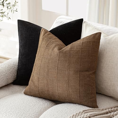 Image of Foindtower Set of 1 Decorative Linen Check Throw Pillow Cover Neutral Farmhouse Vintage Cushion Cover Modern Boho Home Decor for Sofa Chair Couch Bedroom Living Room,20x20 Inch,Brown Hazel