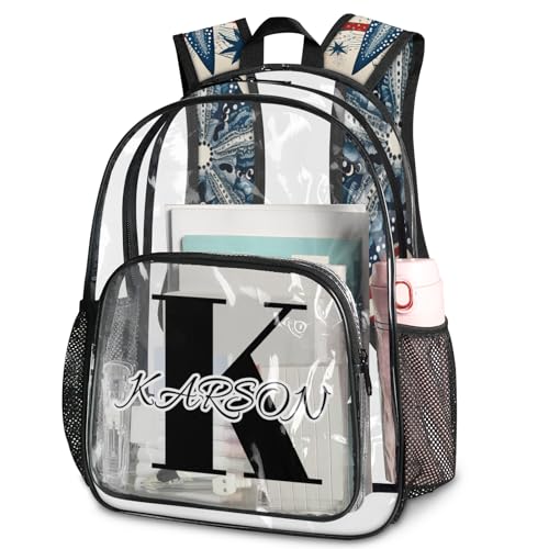 Personalized Large Clear Backpack Stadium Approved Heavy Duty PVC Plastic Custom Beach Starfish Transparent Backpacks See Through Bag with Name, Watercolor Blue and Red