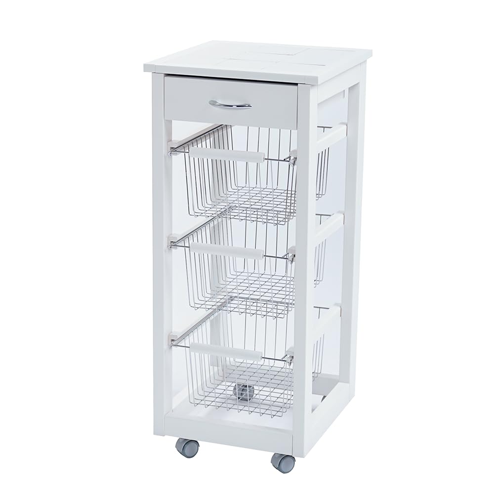 Liberoshopping Carrello Cucina Slim in Legno di faggio 3 cesti e 1 cassetto Top Ceramica 4 Ruote girevoli casa Cucina Giardino (Laccato Bianco)