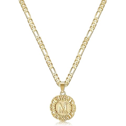 KissYan Initial Necklaces for Women, 14K Gold Plated Round Letter Pendant Capital Monogram Necklace Alphabets from A-Z Figaro Chain Jewelry
