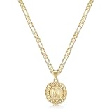 Initial Necklaces for Women&comma; 14K Gold Plated Round Letter Pendant Capital Monogram Necklace Alphabets from A-Z Figaro Chain Jewelry