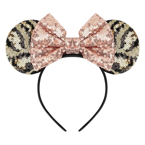 LYLIN Mouse Ears Headband, Mouse Ears with Sequin Bow for Kids Women, Sparkle Hair Accessories for Halloween Trips Party Themed Events Costume Cosplay Decoration (Coffee Rose Gold)