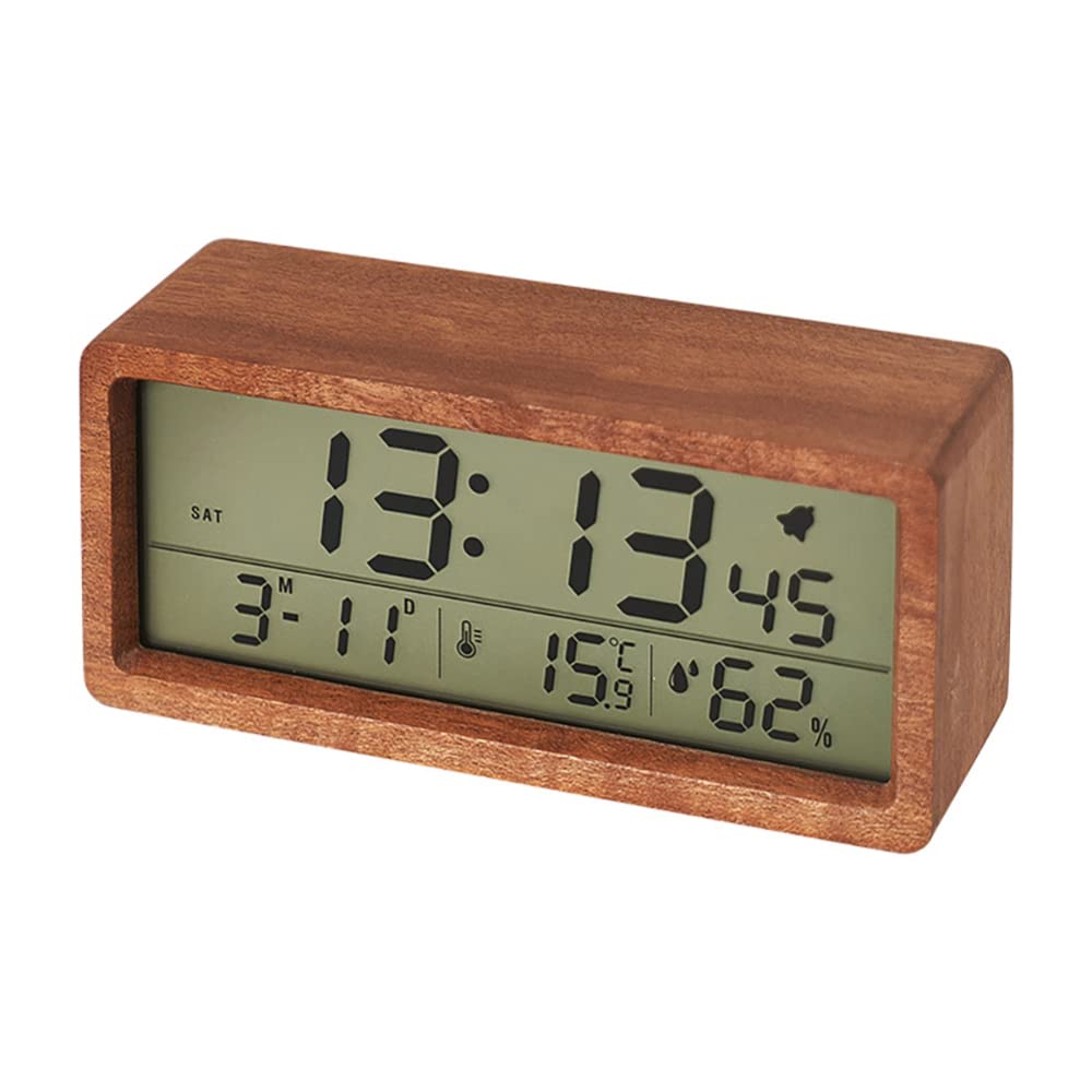 Battery Operated Wooden LCD Digital Alarm Clock for Bedroom with Calendar & Temperature,Humidity,12/24 Hours,Dark Sensor,Backlight,Snooze Function,for Kids,Adults,Bedroom,Home and Office