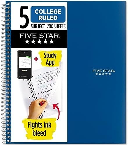 Image of Five Star Spiral Notebook + Study App, 5 Subject, College Ruled Paper, 8-1 /2 inch x 11 inch, 200 Sheets, Fights Ink Bleed, Water Resistant Cover, Pacific Blue (73635) 1 Count (Pack of 6)