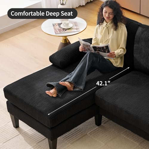 Image of 98 inch Sectional Couches for Living Room, U Shaped Couch with 18 inch Seat Height, 4 Seater Couch Set with Double Chaise for Apartment, Living Room Sofas, Corduroy, Black