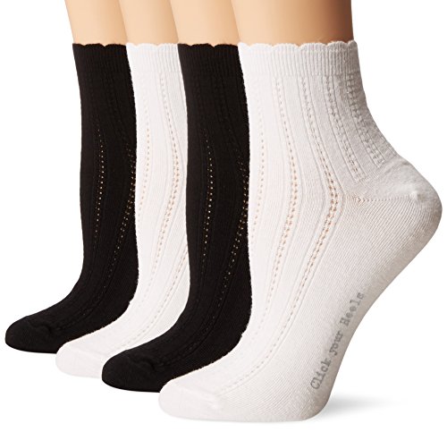 HUE Women's Scalloped Tipped Sock 4 Pack, White/black, One Size (4-10)