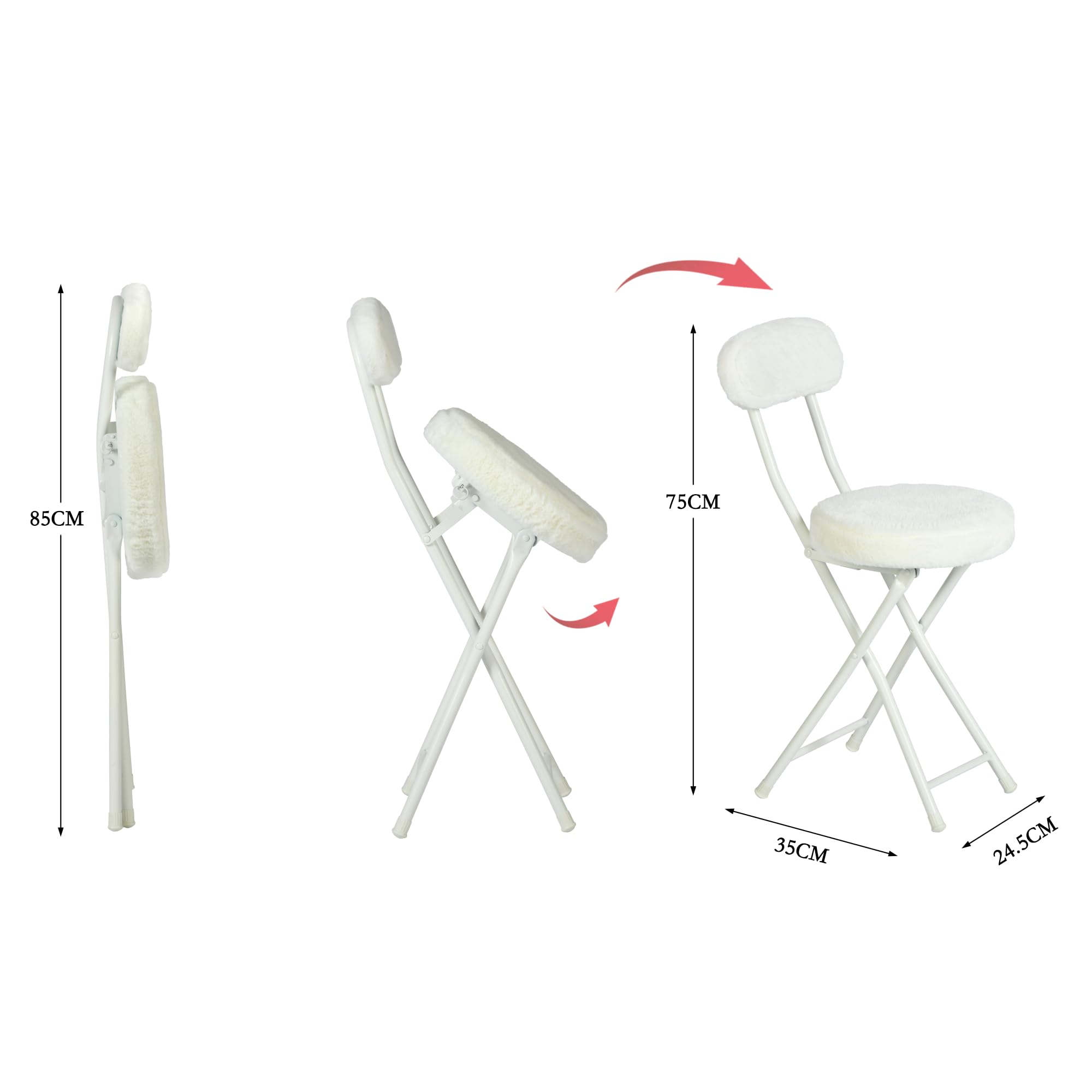 MEUBLE COSY Set di 4 Sedia Pieghevole con Schienale e Poggiapiedi, Imbottiti in Faux Pelliccia, Gambe in Metallo per Reception, Soggiorno e Ufficio, Bianco