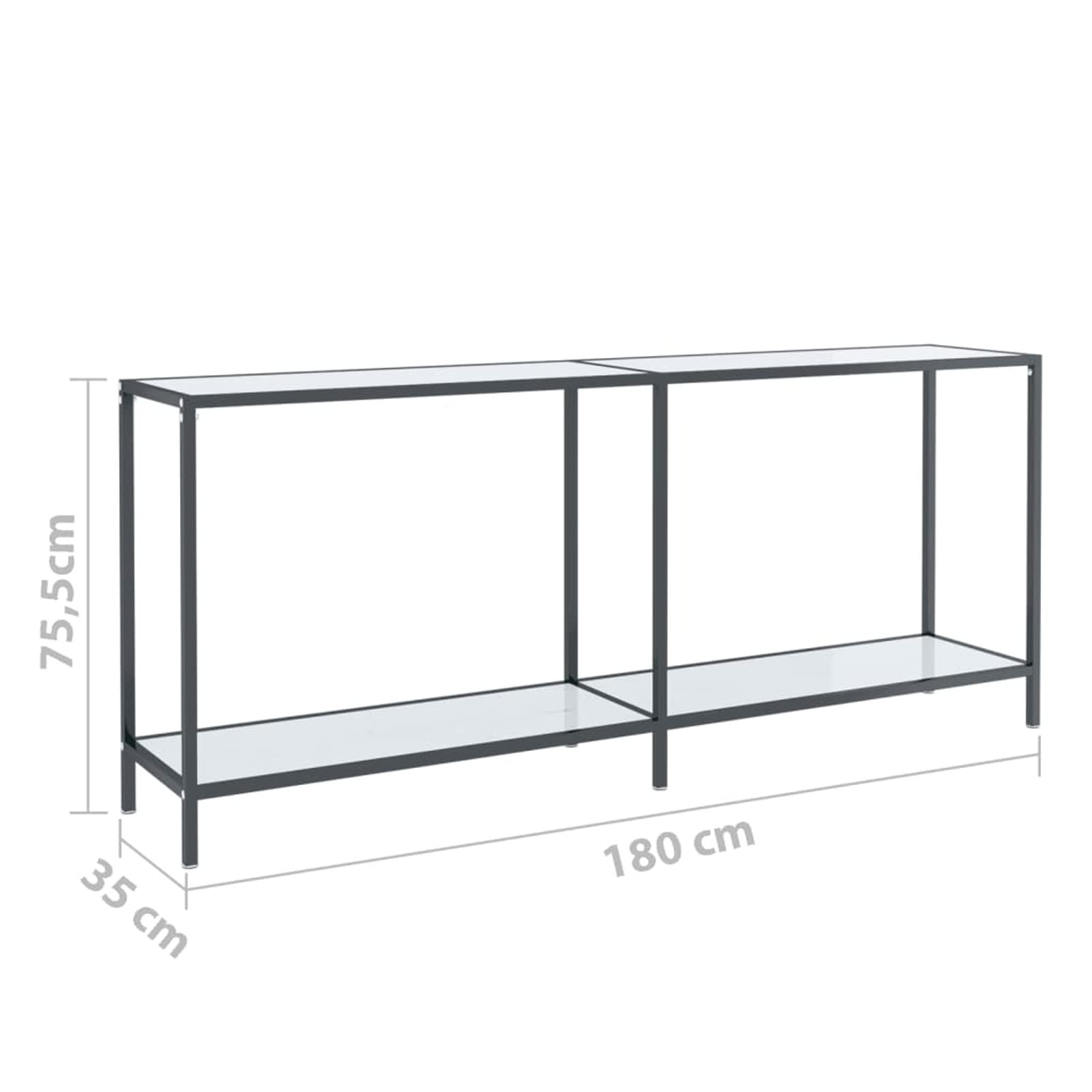 Stół konsolowy biały 180 x 35 x 75 cm ze szkła hartowanego, stolik konsolowy do przedpokoju, wąski stół wejściowy z szufladą i półkami do przechowywania, stolik na sofę do małych przestrzeni