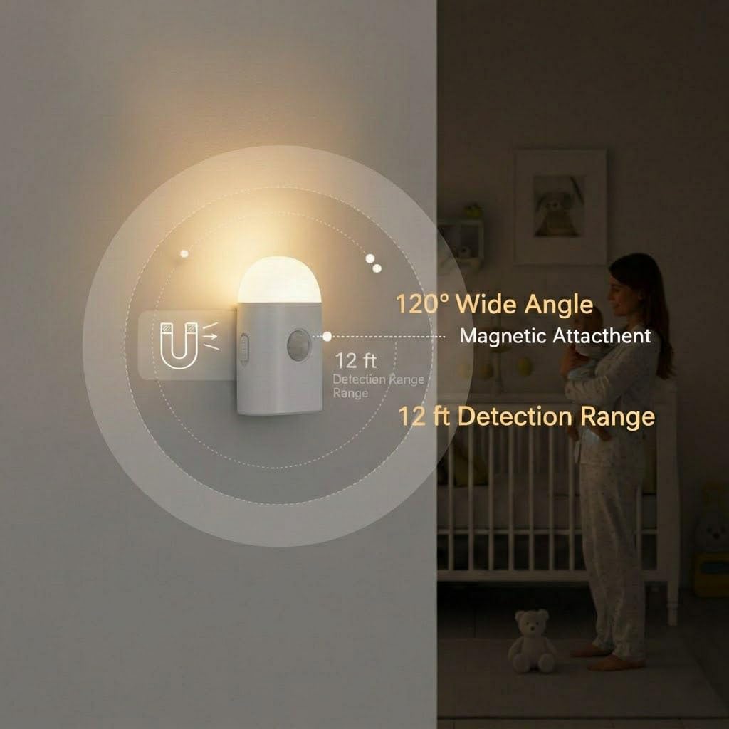 Luces LED de noche con sensor de movimiento, color blanco cálido con batería recargable de brillo ajustable, con gancho y adhesivo para armario, armario, pasillo, escaleras (1 unidad)