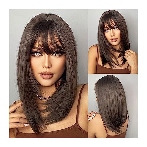Perruque synthétique Bobo marron foncé à frange lisse pour femmes coupe carré épaule