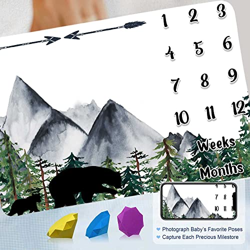 Image of Black Bear Monthly Milestone Blanket, White Unisex | milestone photography Mountains Forest Arrow Design, 48x40in, Soft Flannel, Month and Age Tracking, BTLSFH79