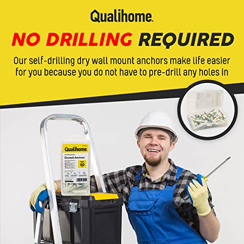 Qualihome Heavy Duty Plastic Self Drilling Drywall Anchors And Screws Kit | Includes 50 Drywall Anchors, 50#8 1-1/4 Inch Screws & Reusable Storage Case #TOP3