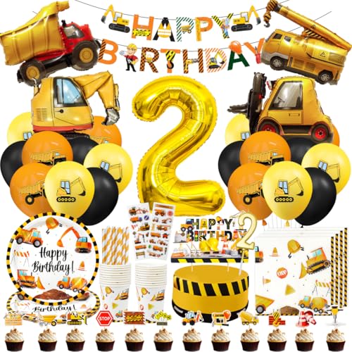 Decoração de aniversário escavadora 2 anos, louça para festa de construção para crianças com balões de veículos, vela de 2 anos, adorno para bolos, guardanapos, pratos, copos, palhinhas (16 convidados