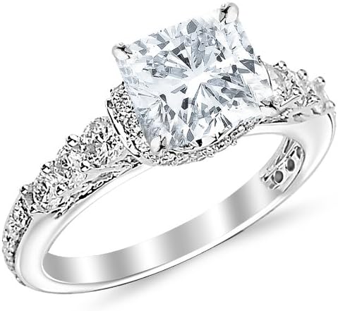 2.05 Carat Designer Four Prong Round Diamond Engagement Ring with a 1.2 Carat Cushion Cut K Color VVS2 Clarity Center Stone