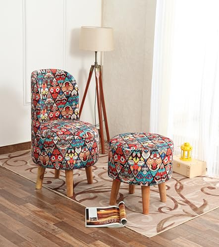Image of NACIA Velvet Printed Ottoman Chair with Stool Combo | Dressing Table Chair for Bedroom Makeup Room Decor | Modern Upholstered Ottoman with Wooden Legs for Home (18x18x32 Inches, Multicross)