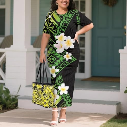 Image of Puletasi Samoan Traditional 2 Piece Outfits for Women Short Sleeve Crop Top and Maxi Skirt Sets Puletasi Dress