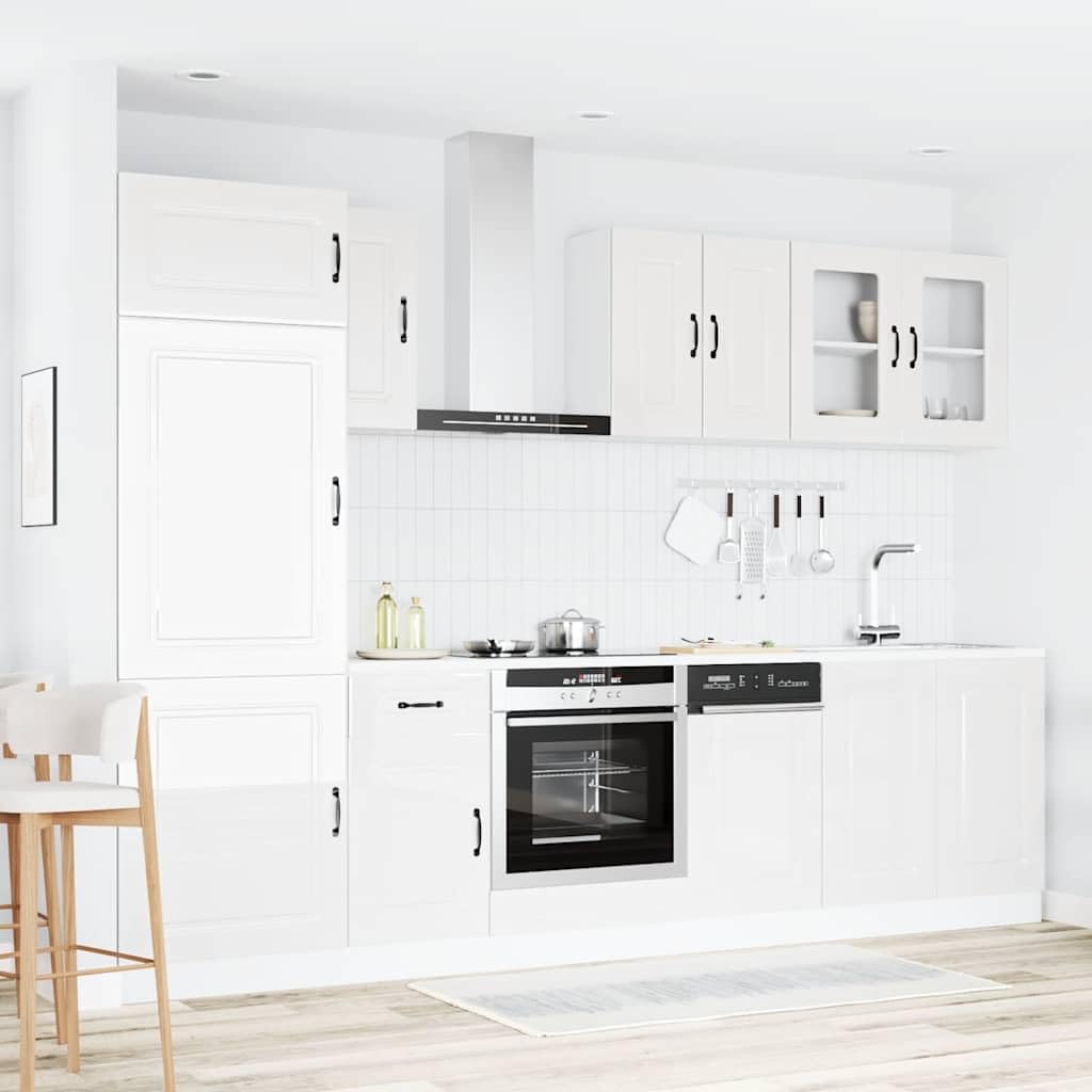 8-TLG Kuechenblock Kalmar Hochglanz Weiß 80x46x81,5 cm Holzwerkstoff Küchenzeile mit Arbeitsfläche für Singleküche und kleine Küchen mit viel Stauraum