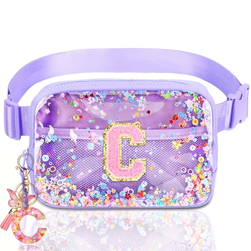 Image of Initial Fanny Pack for Girls - Belt Bag for Teens Kid Teen Girl Kid Birthday Gift Clear Purple C