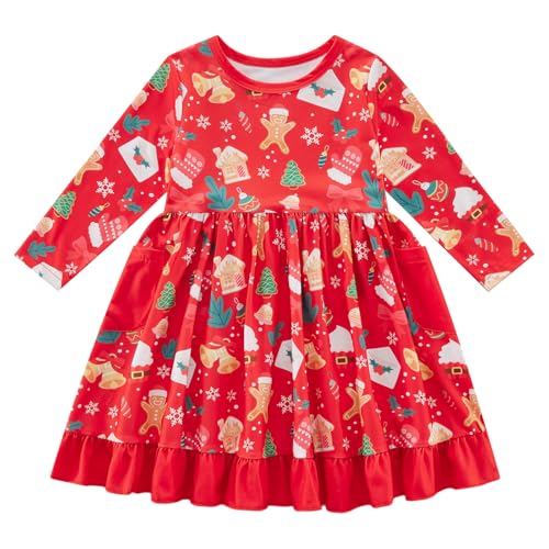 Toddler Baby Girls Christmas Dress Long Sleeve Gingerbread Man Candy Cane Santa Ruffle Pocket Dress Xmas Clothes