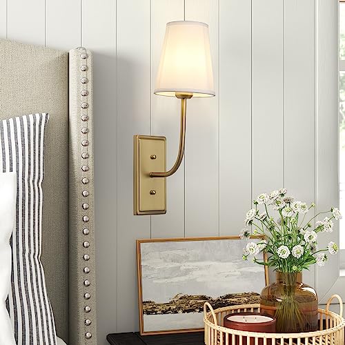 Image of Vintage Brass Wall Sconce 1-Light, White Fabric Shade Wall Lamp Hardwired Indoor Wall Light for Bedroom Living Room Vanity Bathroom