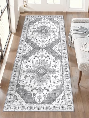 SERISSA Boho Washable Runner Rug, 2x5 Rug Runner Non-Slip Vintage Grey Hallway Kitchen Runner Rug Ultra Soft Print Distressed Floor Carpet Runner for Bedroom Bathroom Laundry Living Room