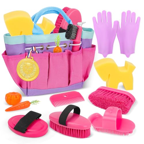 deAO Spielzeug Pferdepflege-Set mit Tasche, Putzzeug Pferde für Kinder, Zubehör für Pferde Spielzeug mit Kardätsche, Handschuhe, Massagebürste, Mähnenkamm, Hufkratzer, Pferdchenschwamm (Rosa)