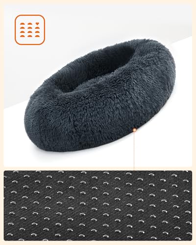 Feandrea Hundebett flauschig, Katzenbett, Donut Kissen, waschbar, Polsterung in der Mitte herausnehmbar, Langer Plüsch, 60 cm Durchmesser, dunkelgrau PGW038G02