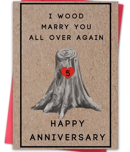 LiuuLi Happy 5th Anniversary Card for Women Men, 5th Wedding Anniversary Wood Card for Him Her,Fifth Anniversary Card for Boyfriend, 5 Years Married Gift for Husband